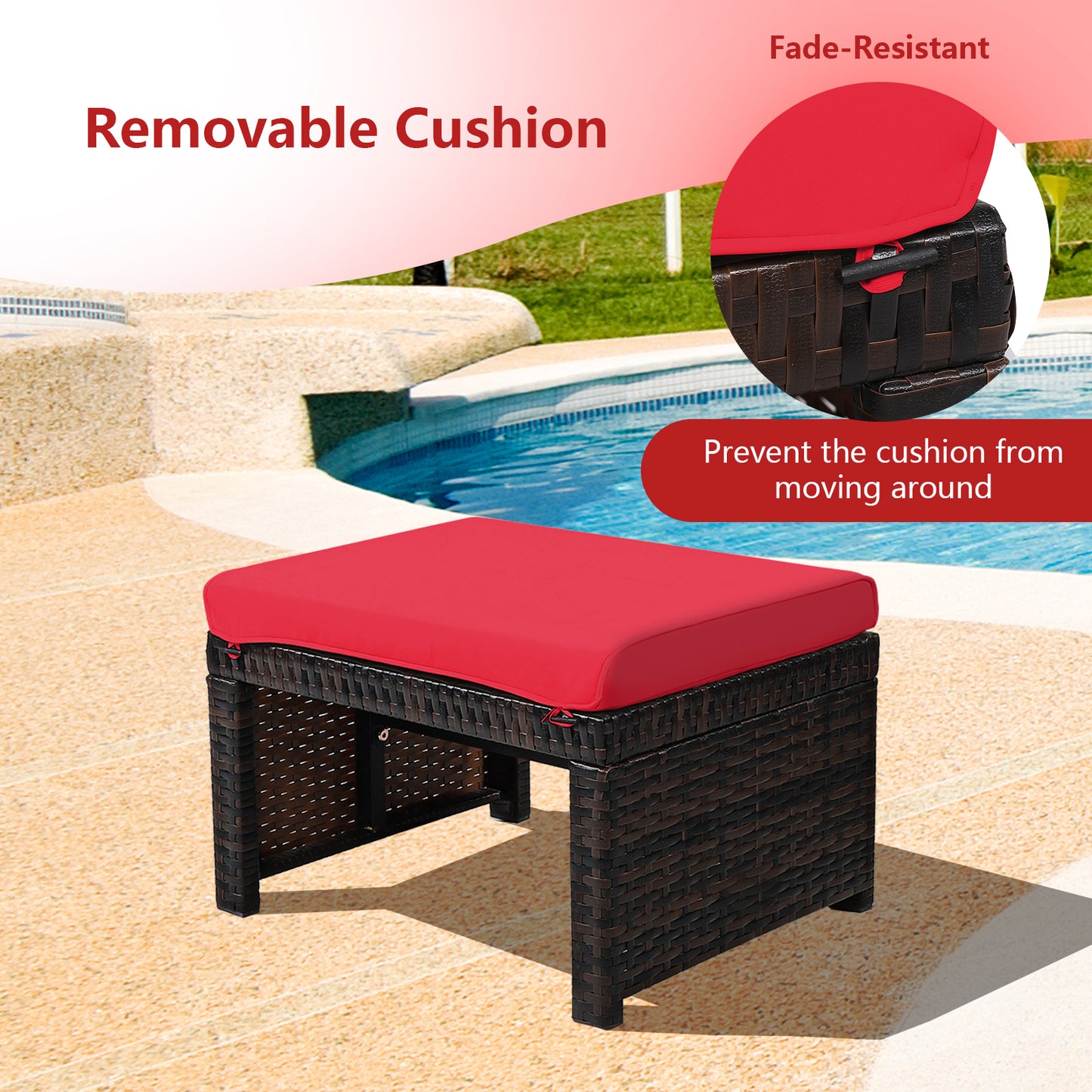 Patio Rattan Ottomans Set of 2 with Soft Cushions