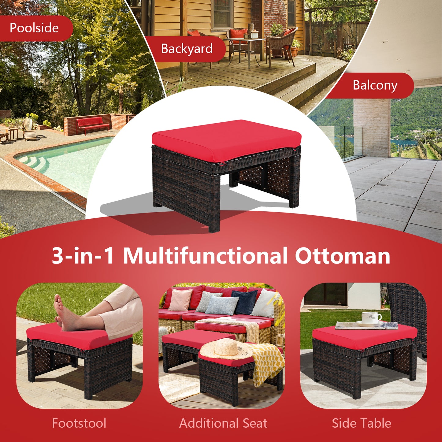 Patio Rattan Ottomans Set of 2 with Soft Cushions