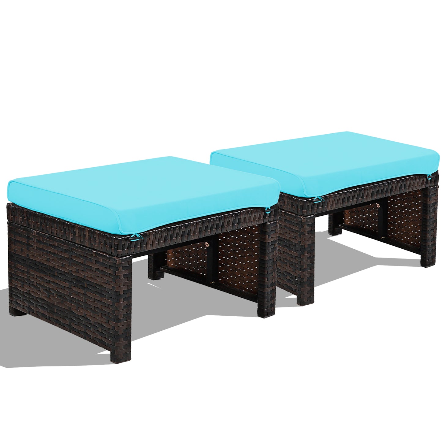 Patio Rattan Ottomans Set of 2 with Soft Cushions