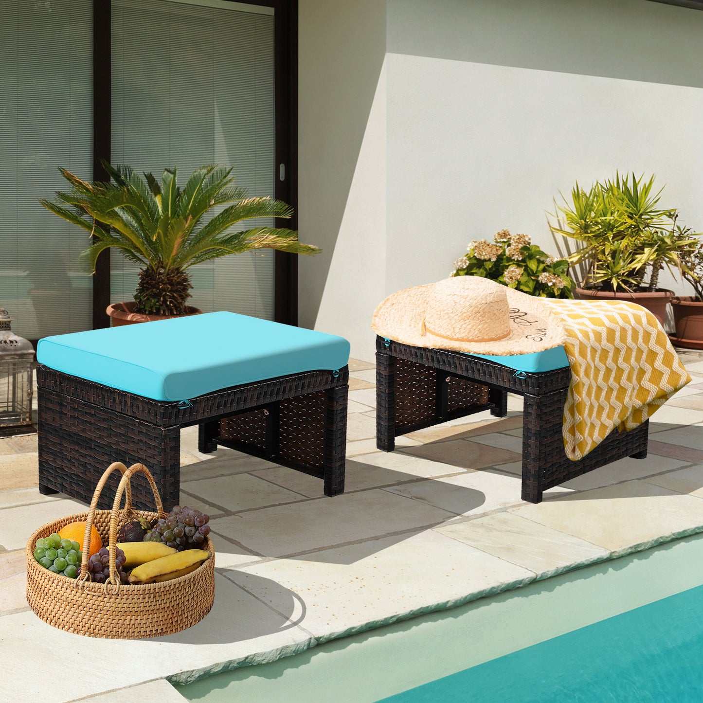 Patio Rattan Ottomans Set of 2 with Soft Cushions