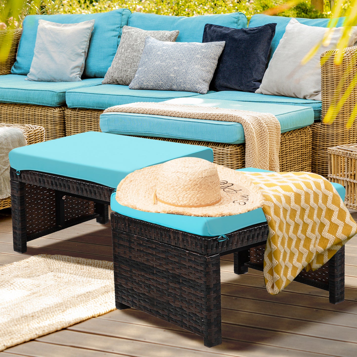 Patio Rattan Ottomans Set of 2 with Soft Cushions