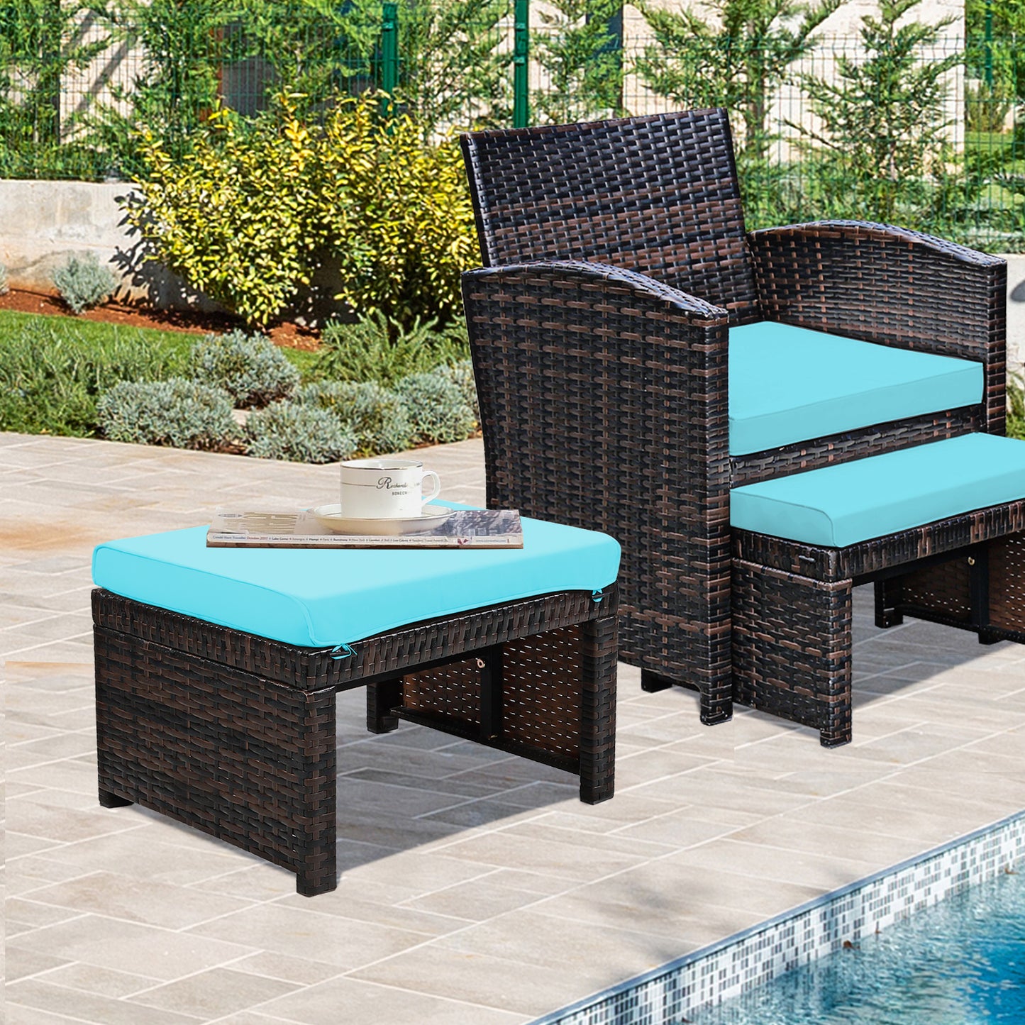 Patio Rattan Ottomans Set of 2 with Soft Cushions