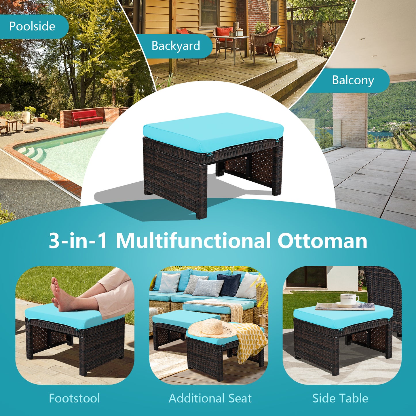 Patio Rattan Ottomans Set of 2 with Soft Cushions