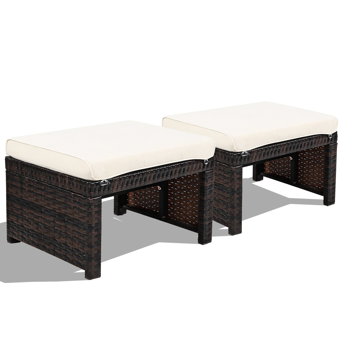 Patio Rattan Ottomans Set of 2 with Soft Cushions