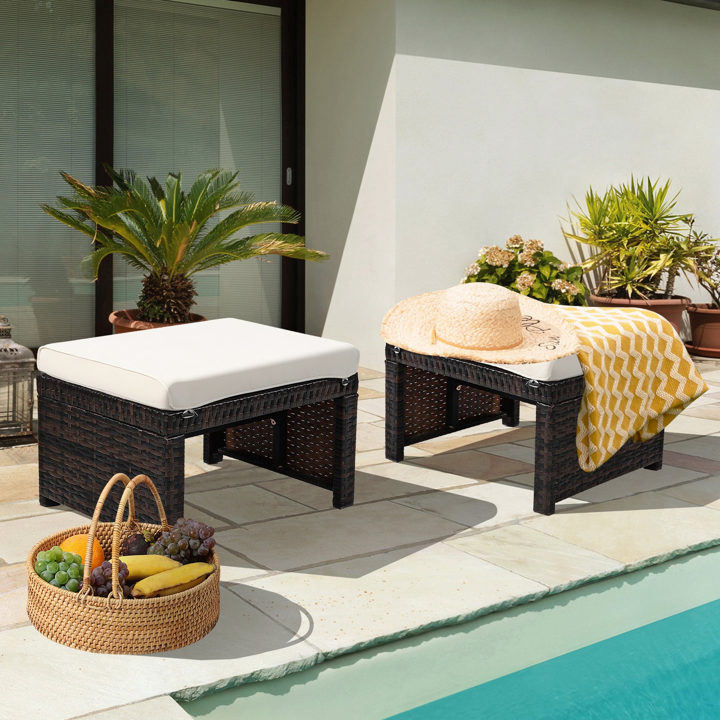Patio Rattan Ottomans Set of 2 with Soft Cushions