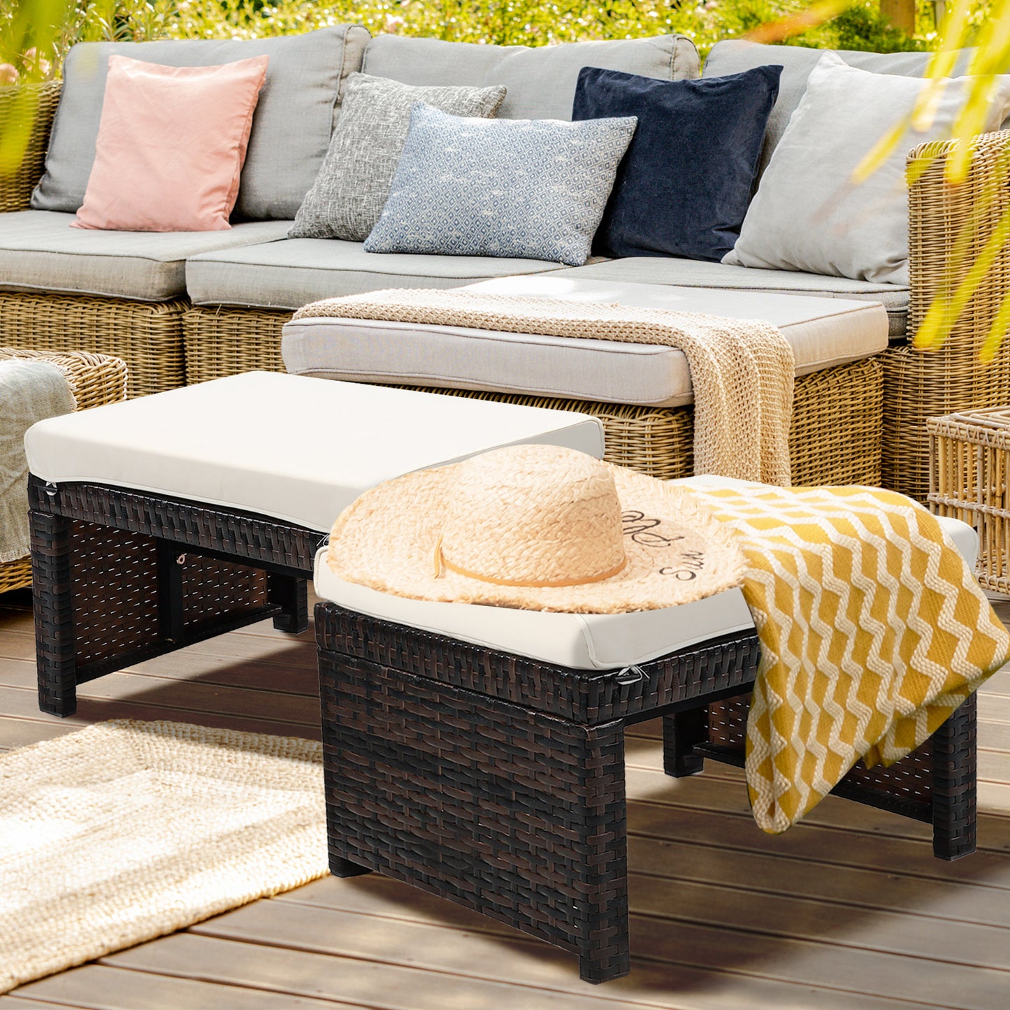 Patio Rattan Ottomans Set of 2 with Soft Cushions