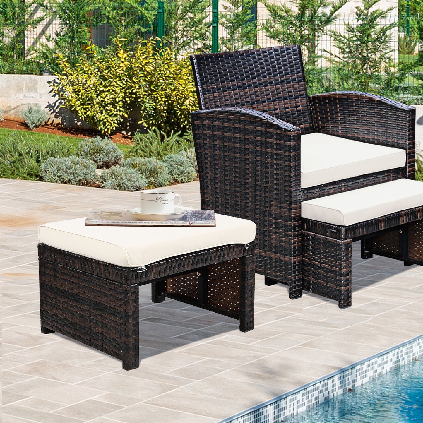 Patio Rattan Ottomans Set of 2 with Soft Cushions