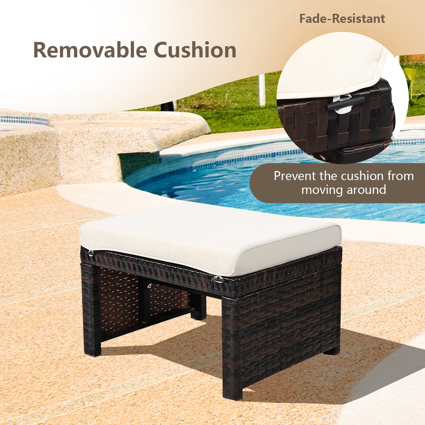 Patio Rattan Ottomans Set of 2 with Soft Cushions