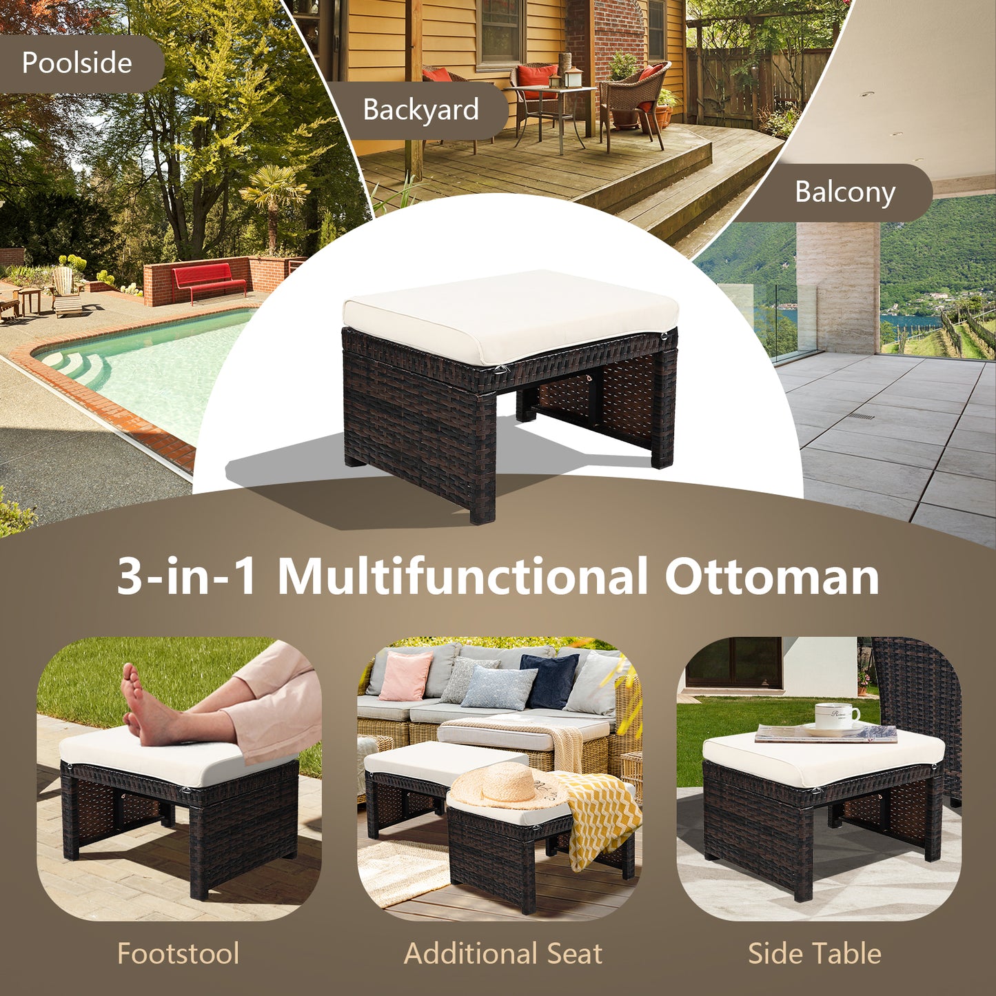Patio Rattan Ottomans Set of 2 with Soft Cushions