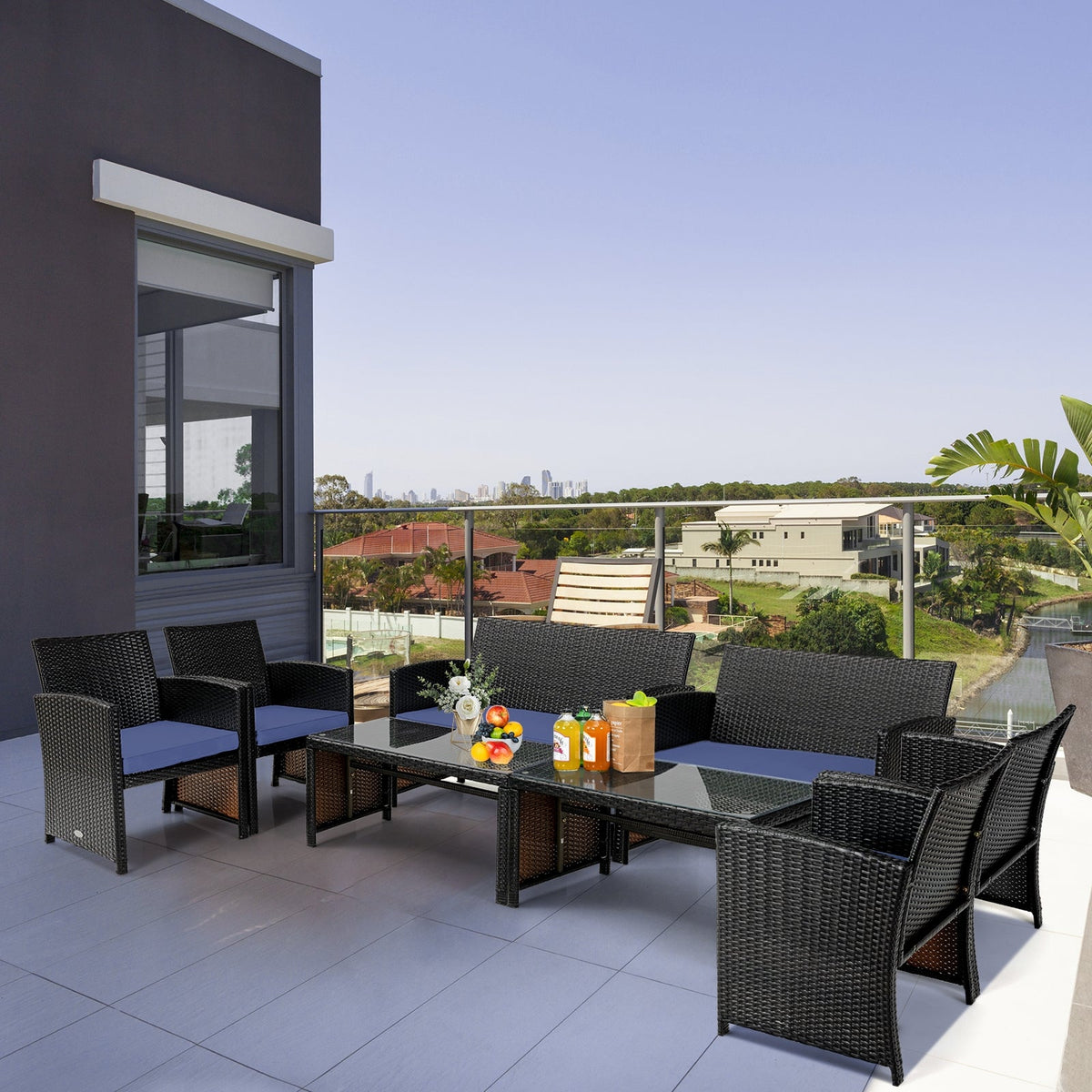 4 Pieces Patio Rattan Cushioned Furniture Set with Coffee Table-Black