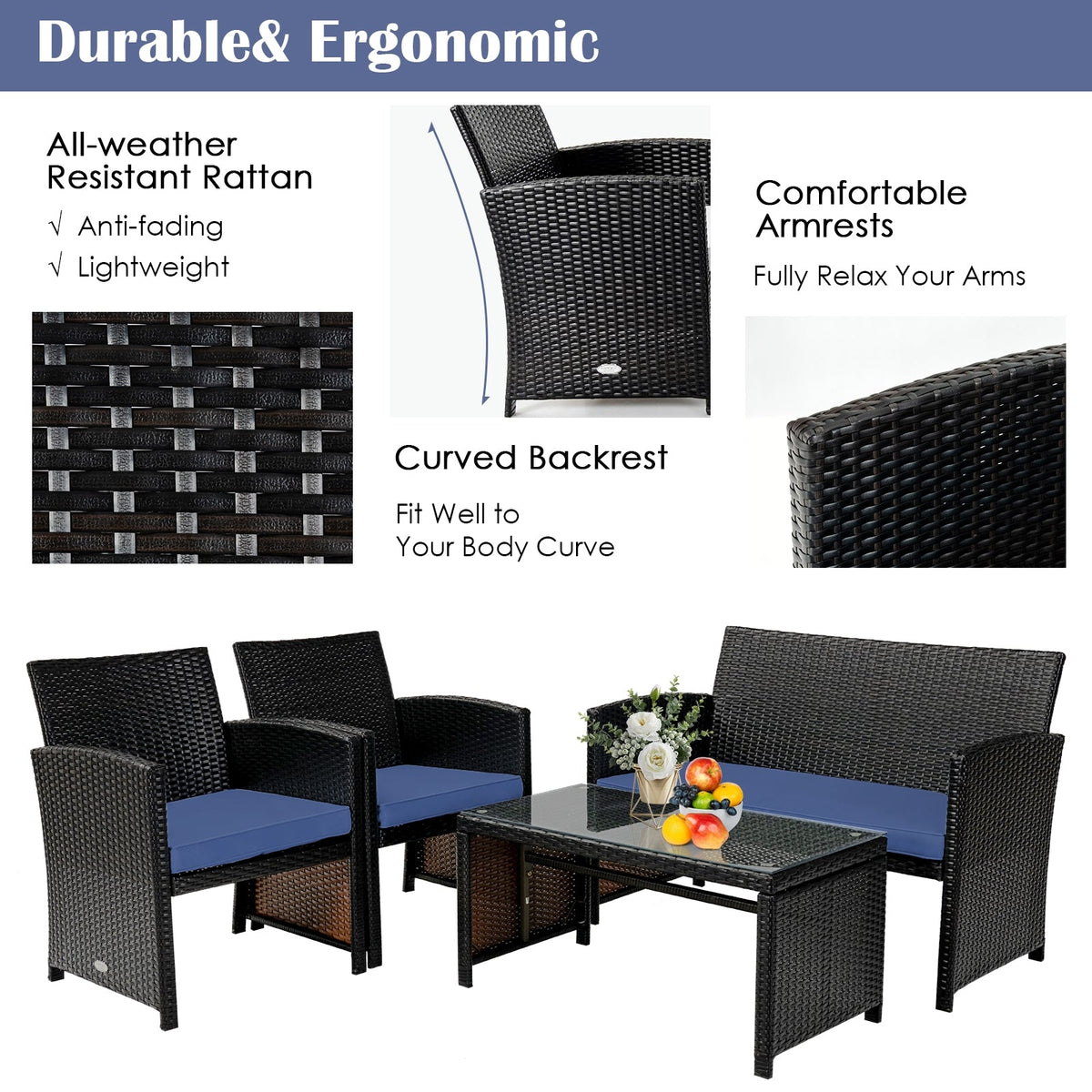 4 Pieces Patio Rattan Cushioned Furniture Set with Coffee Table-Black
