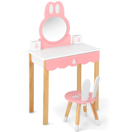Kids Vanity Table Set with Mirror, Drawer & Chair - White