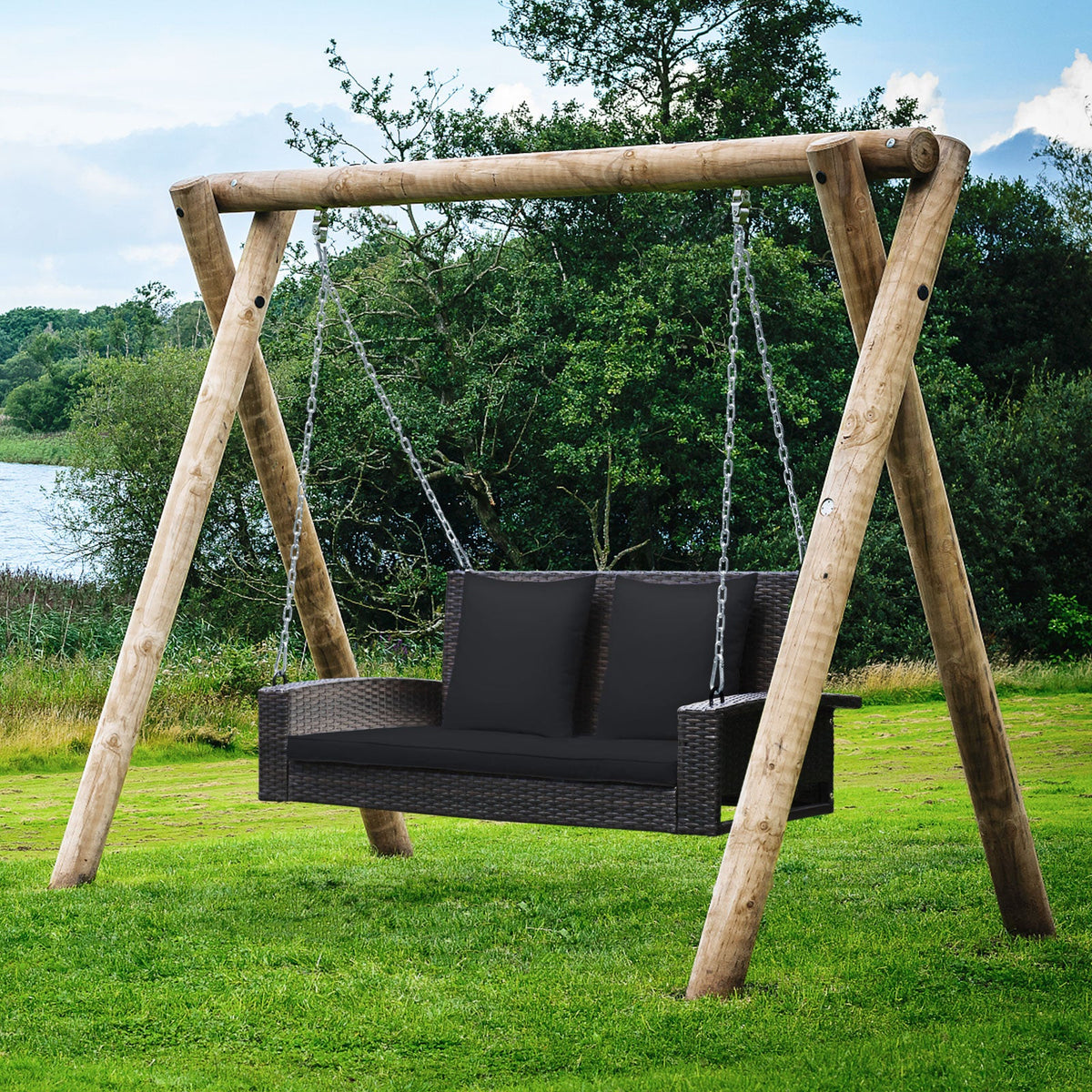 2-Person Patio Rattan Porch Swing with Cushions