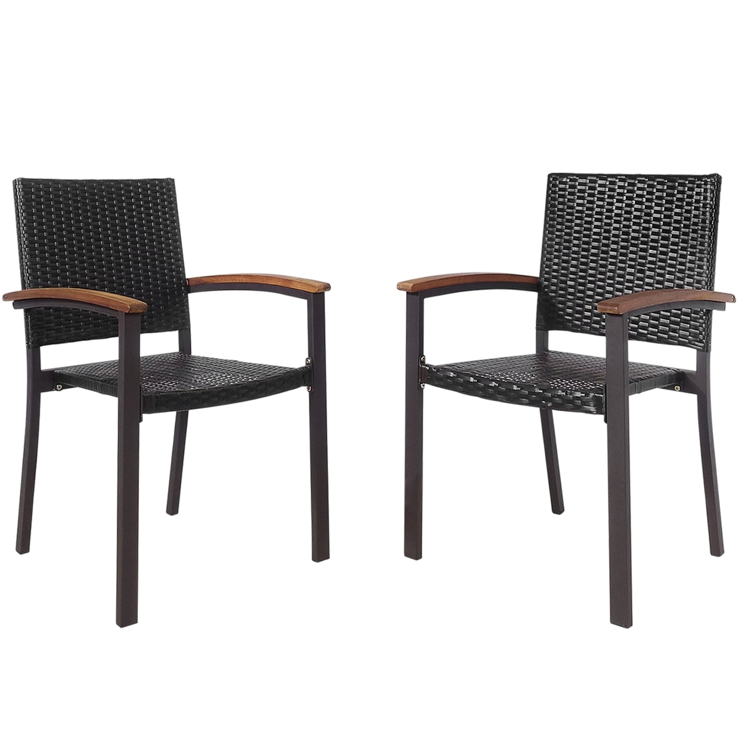 Outdoor PE Rattan Dining Chairs with Acacia Armrests, Set of 2