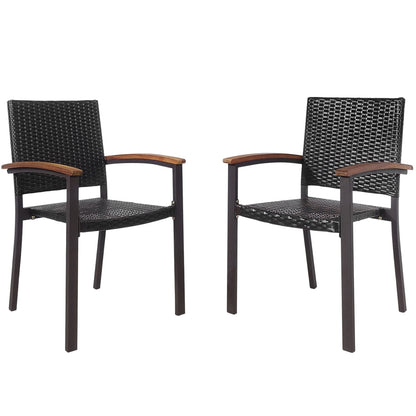 Outdoor PE Rattan Dining Chairs with Acacia Armrests, Set of 2