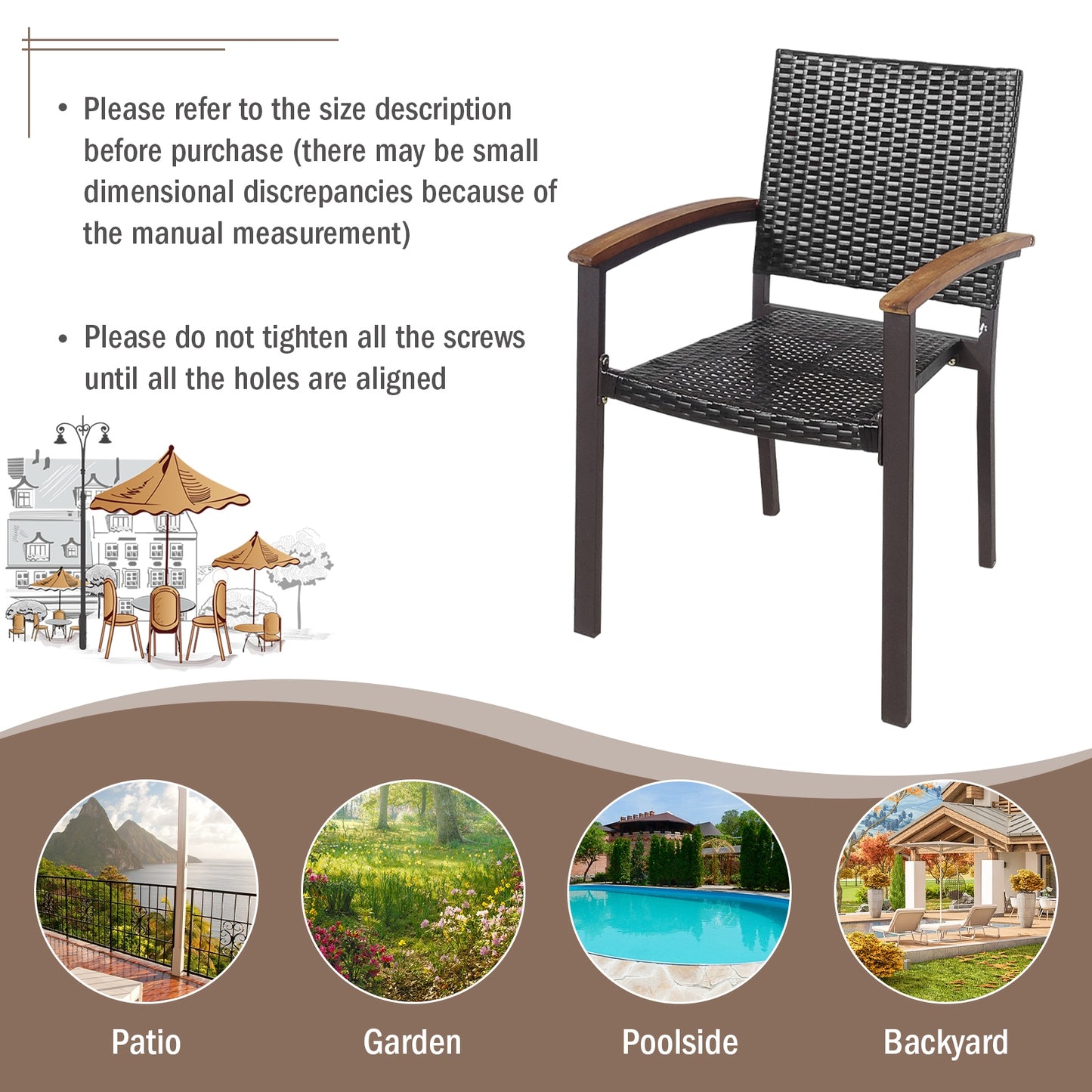 Outdoor PE Rattan Dining Chairs with Acacia Armrests, Set of 2