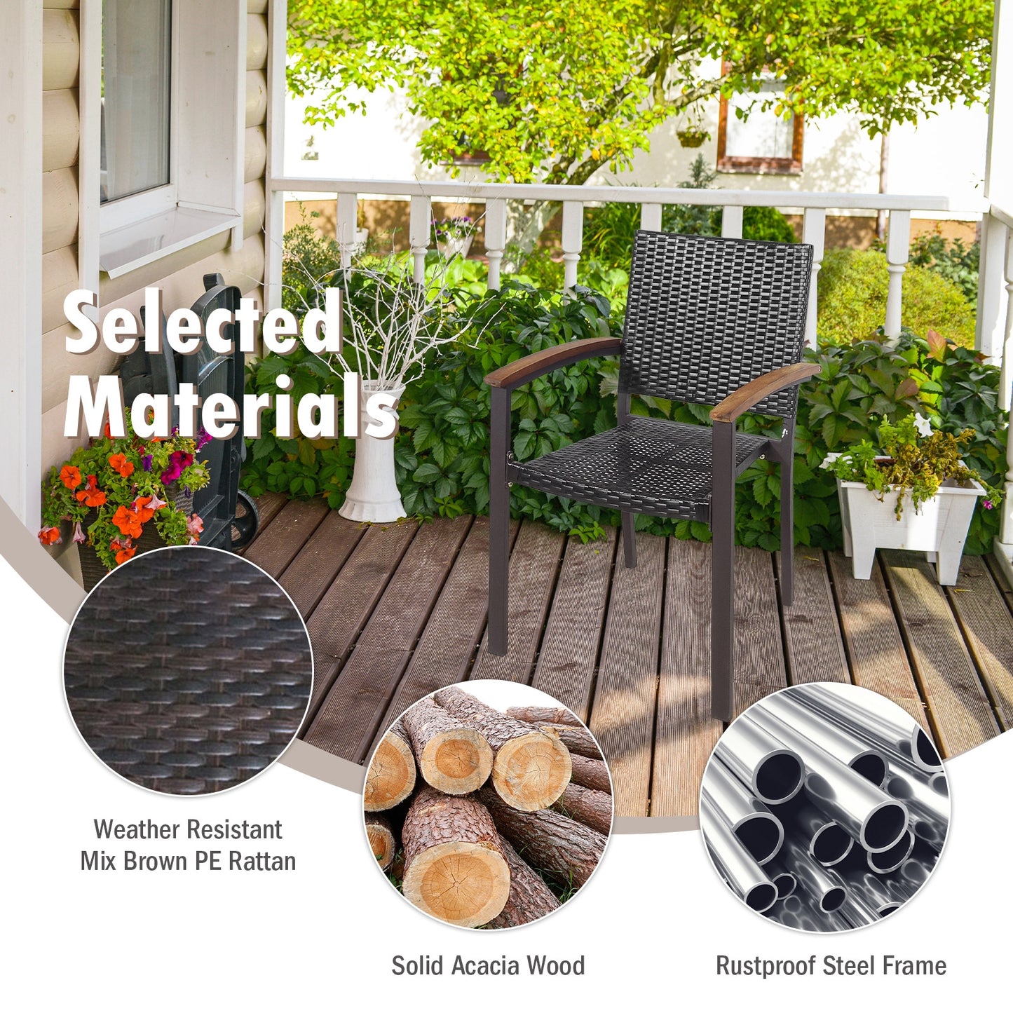 Outdoor PE Rattan Dining Chairs with Acacia Armrests, Set of 2
