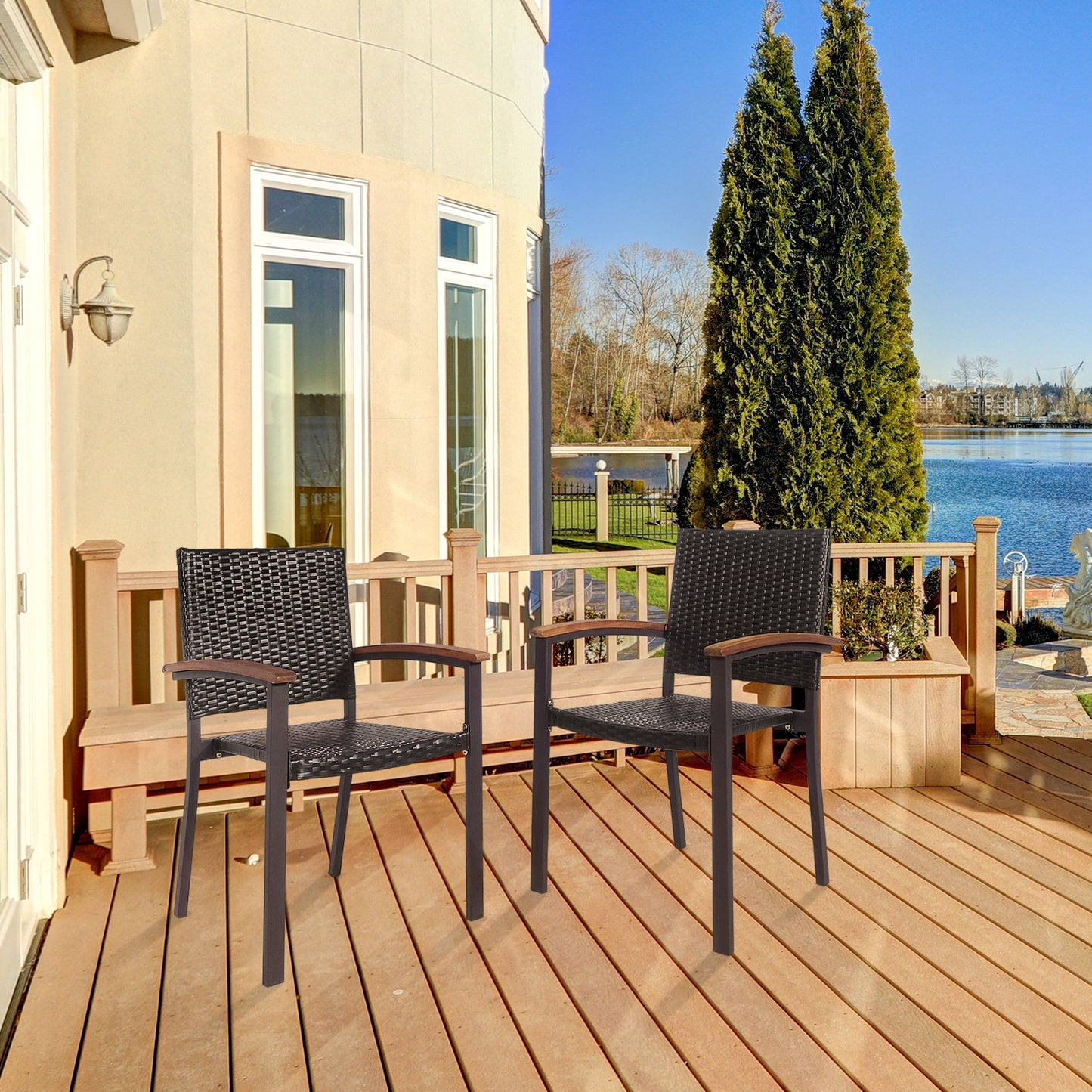 Outdoor PE Rattan Dining Chairs with Acacia Armrests, Set of 2