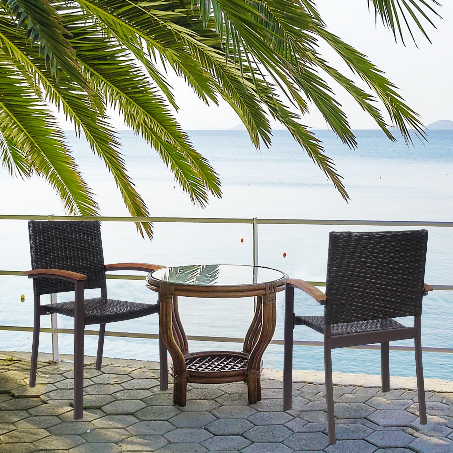 Outdoor PE Rattan Dining Chairs with Acacia Armrests, Set of 2