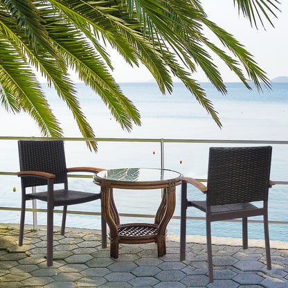 Outdoor PE Rattan Dining Chairs with Acacia Armrests, Set of 2