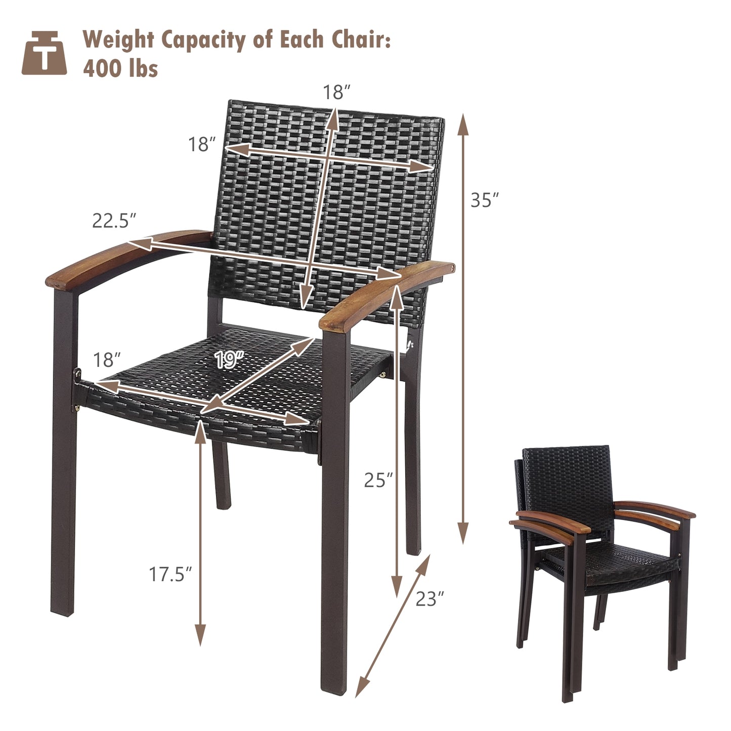 Outdoor PE Rattan Dining Chairs with Acacia Armrests, Set of 2
