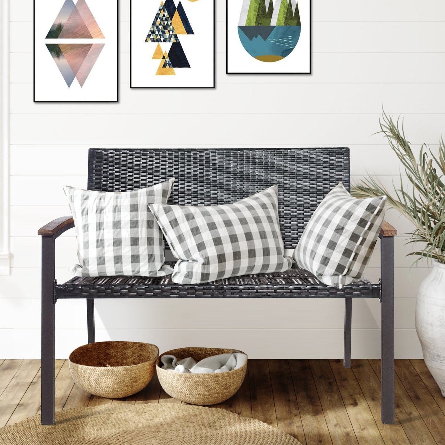 Outdoor Rattan Wicker Bench with Armrests for 2 People
