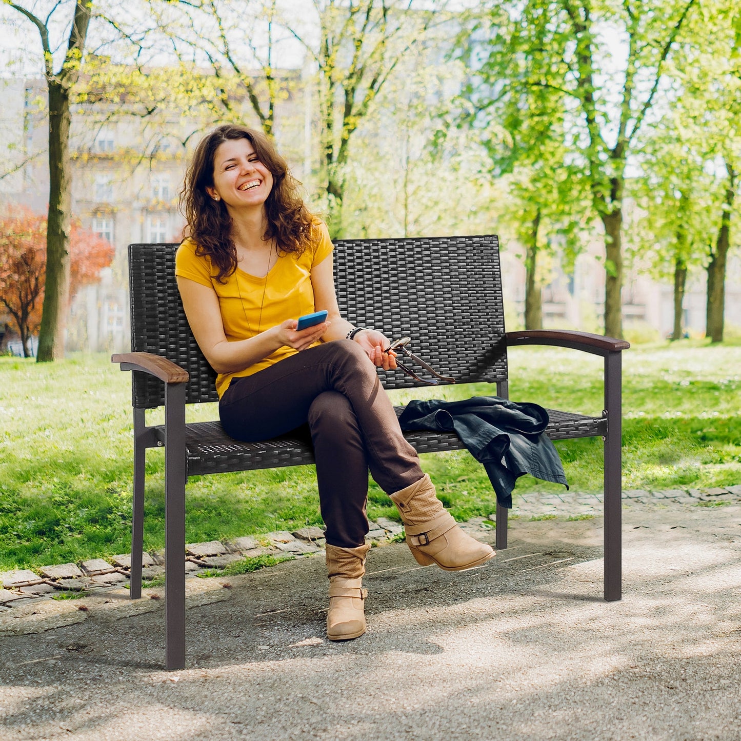 Outdoor Rattan Wicker Bench with Armrests for 2 People
