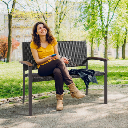 Outdoor Rattan Wicker Bench with Armrests for 2 People