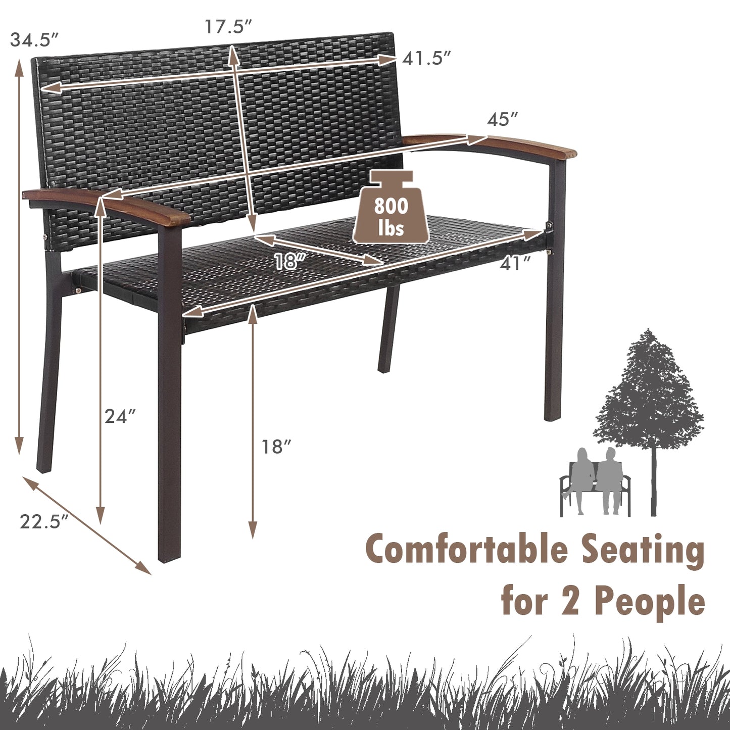 Outdoor Rattan Wicker Bench with Armrests for 2 People