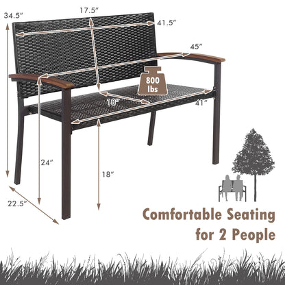 Outdoor Rattan Wicker Bench with Armrests for 2 People