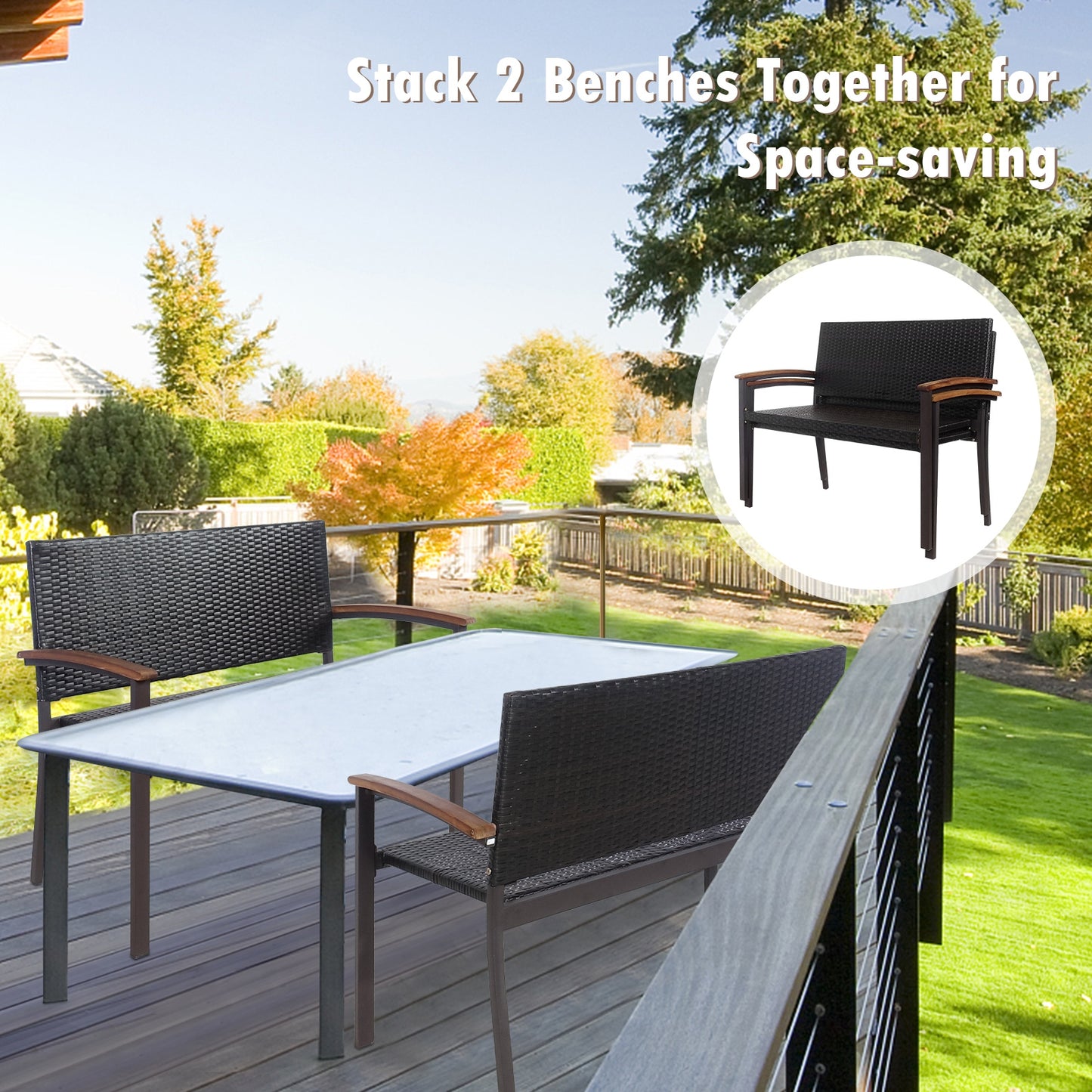 Outdoor Rattan Wicker Bench with Armrests for 2 People
