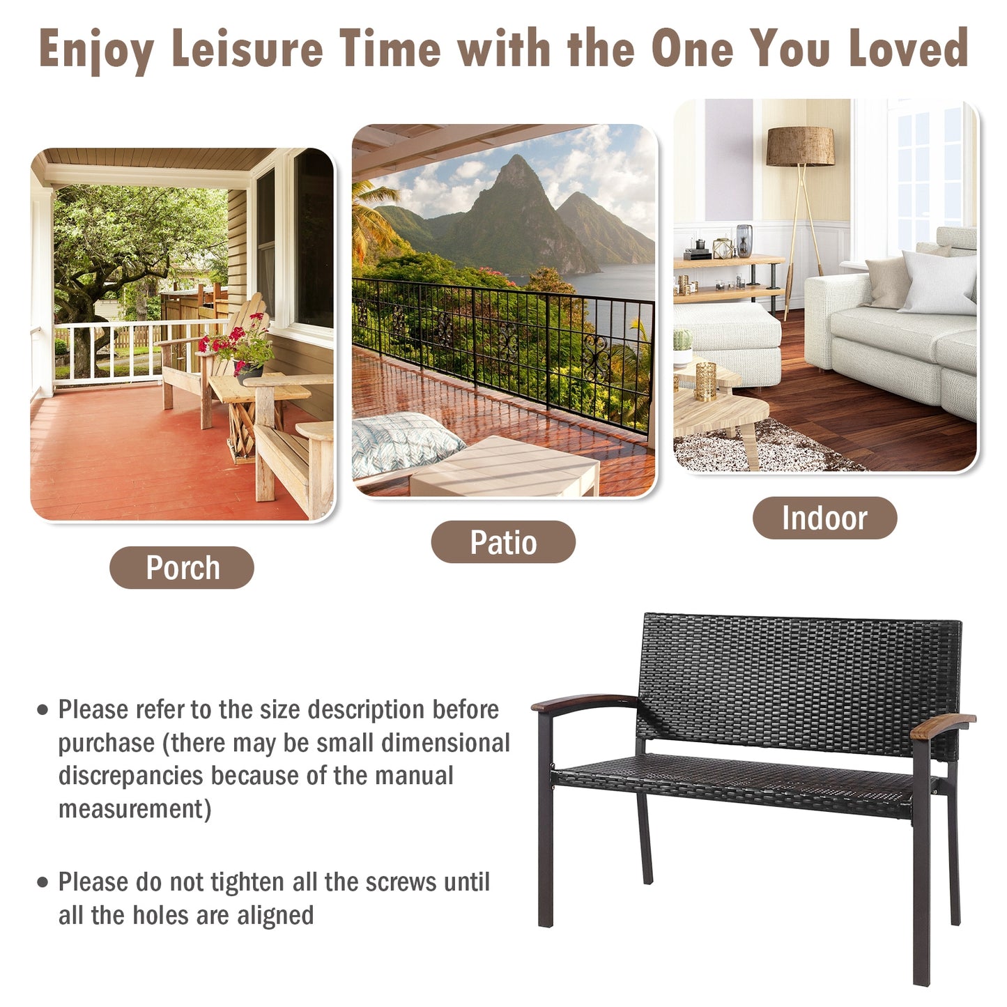Outdoor Rattan Wicker Bench with Armrests for 2 People
