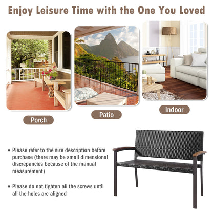 Outdoor Rattan Wicker Bench with Armrests for 2 People