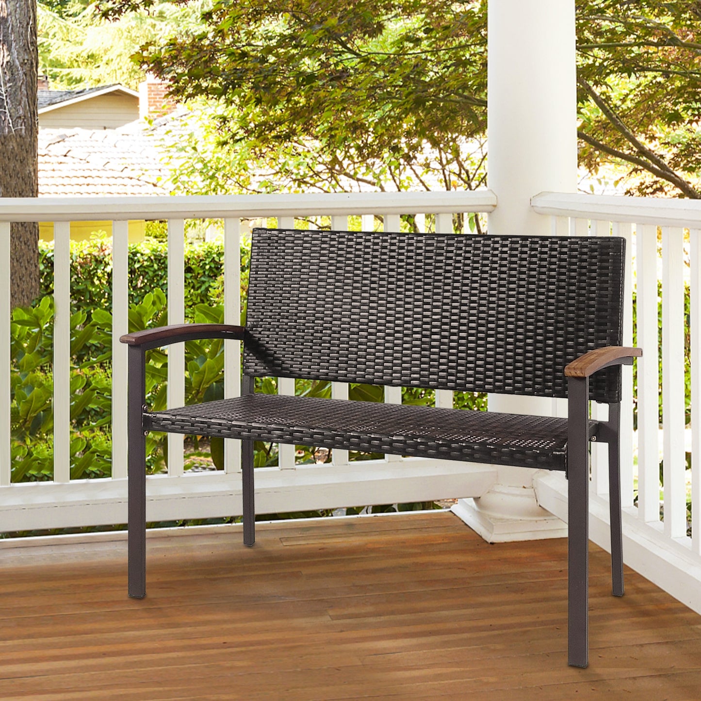 Outdoor Rattan Wicker Bench with Armrests for 2 People