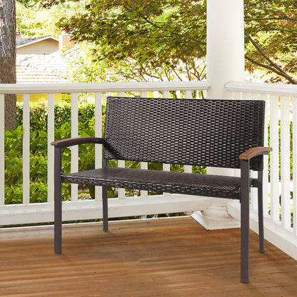 Outdoor Rattan Wicker Bench with Armrests for 2 People