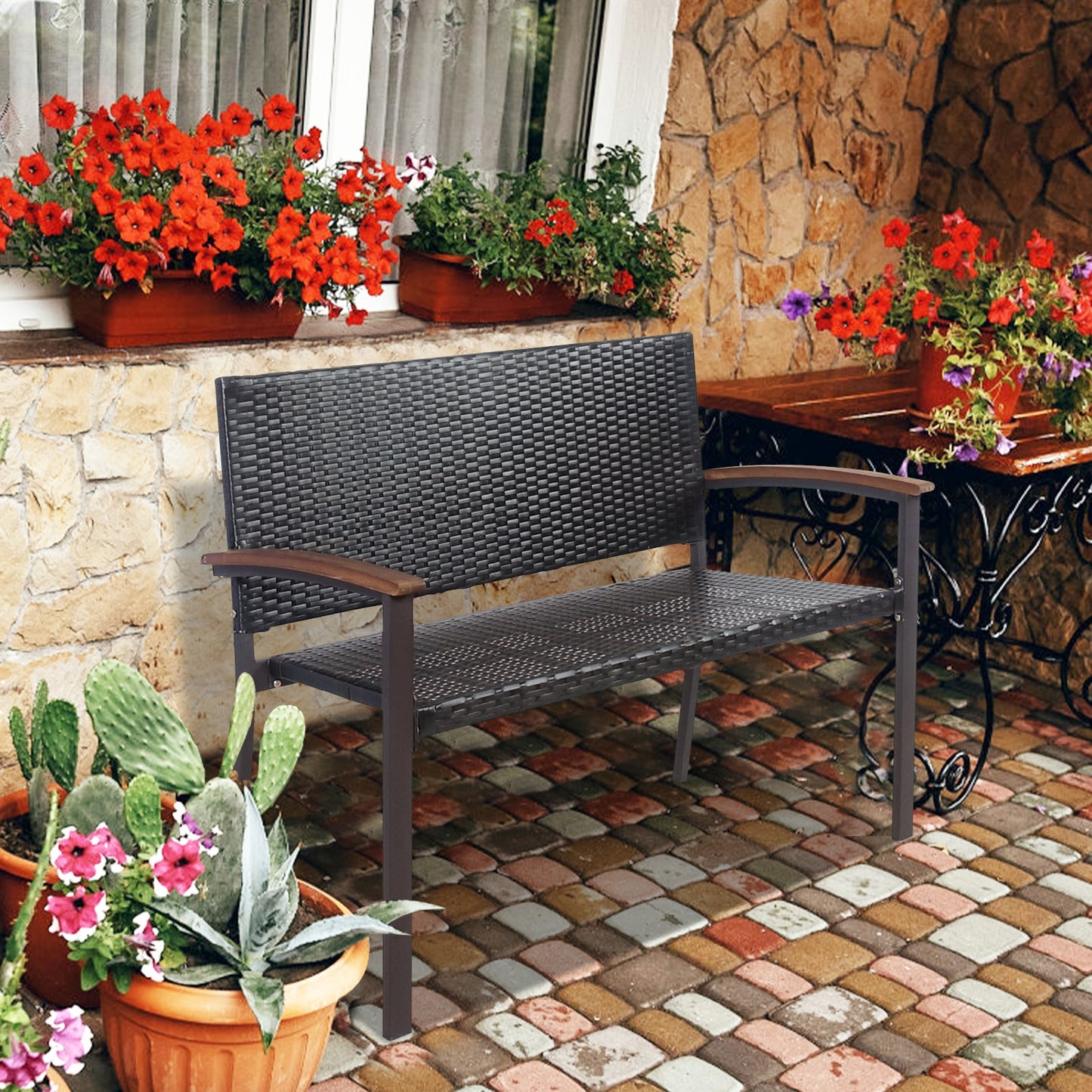 Outdoor Rattan Wicker Bench with Armrests for 2 People