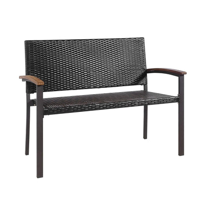 Outdoor Rattan Wicker Bench with Armrests for 2 People