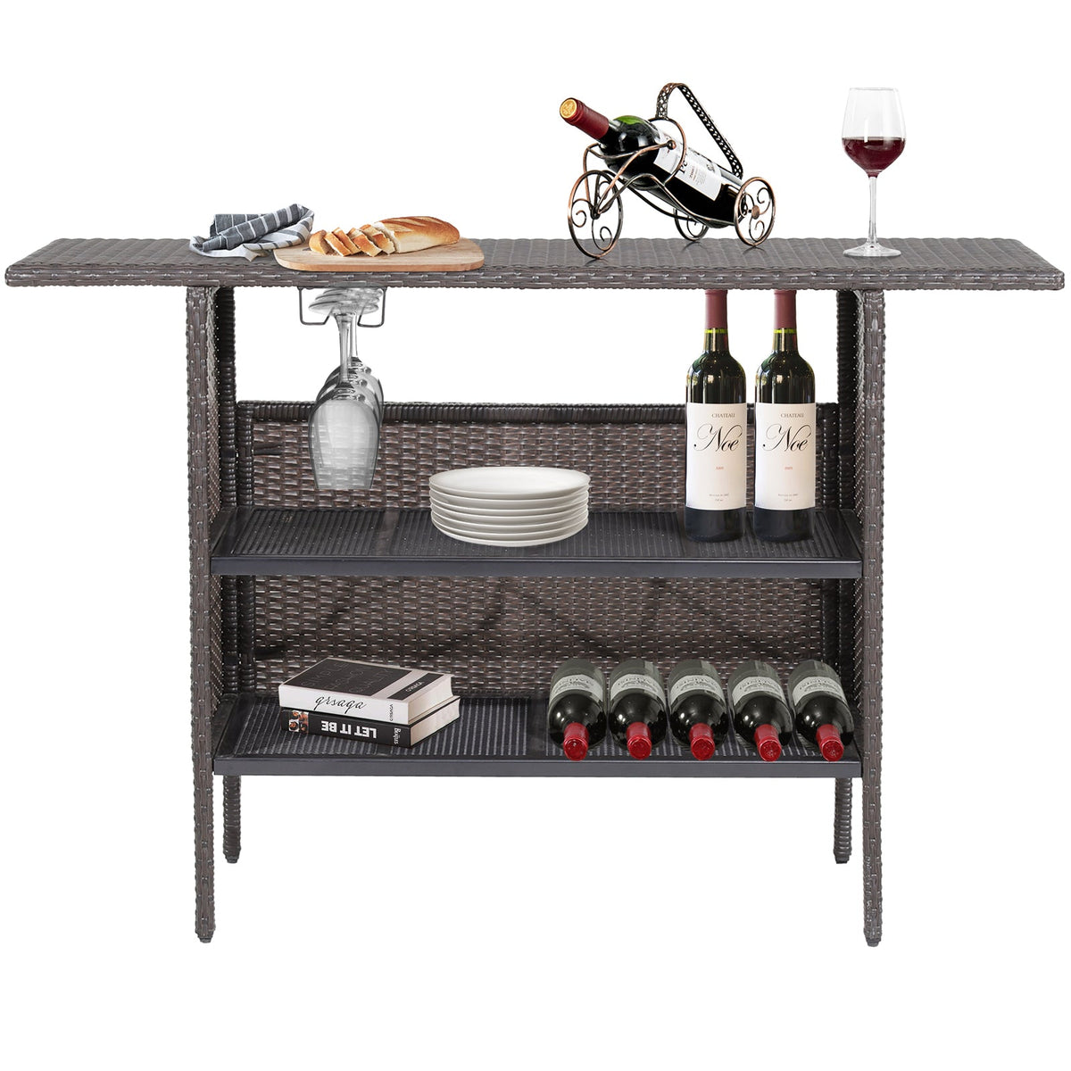 Outdoor Wicker Bar Table with 2 Metal Mesh Shelves