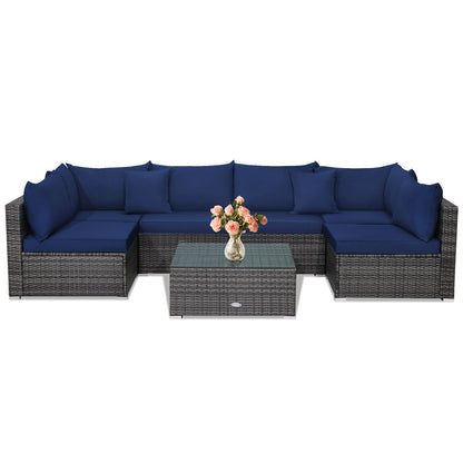 7 Pieces Patio Rattan Furniture Set Sectional Sofa Garden Cushion
