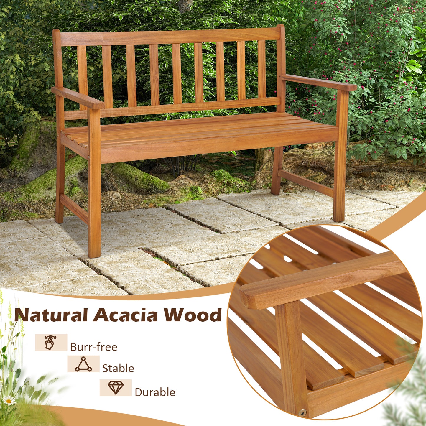 Acacia Wood Outdoor Bench with Backrest for 2 People