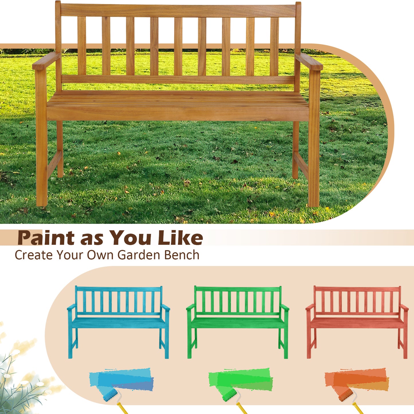 Acacia Wood Outdoor Bench with Backrest for 2 People