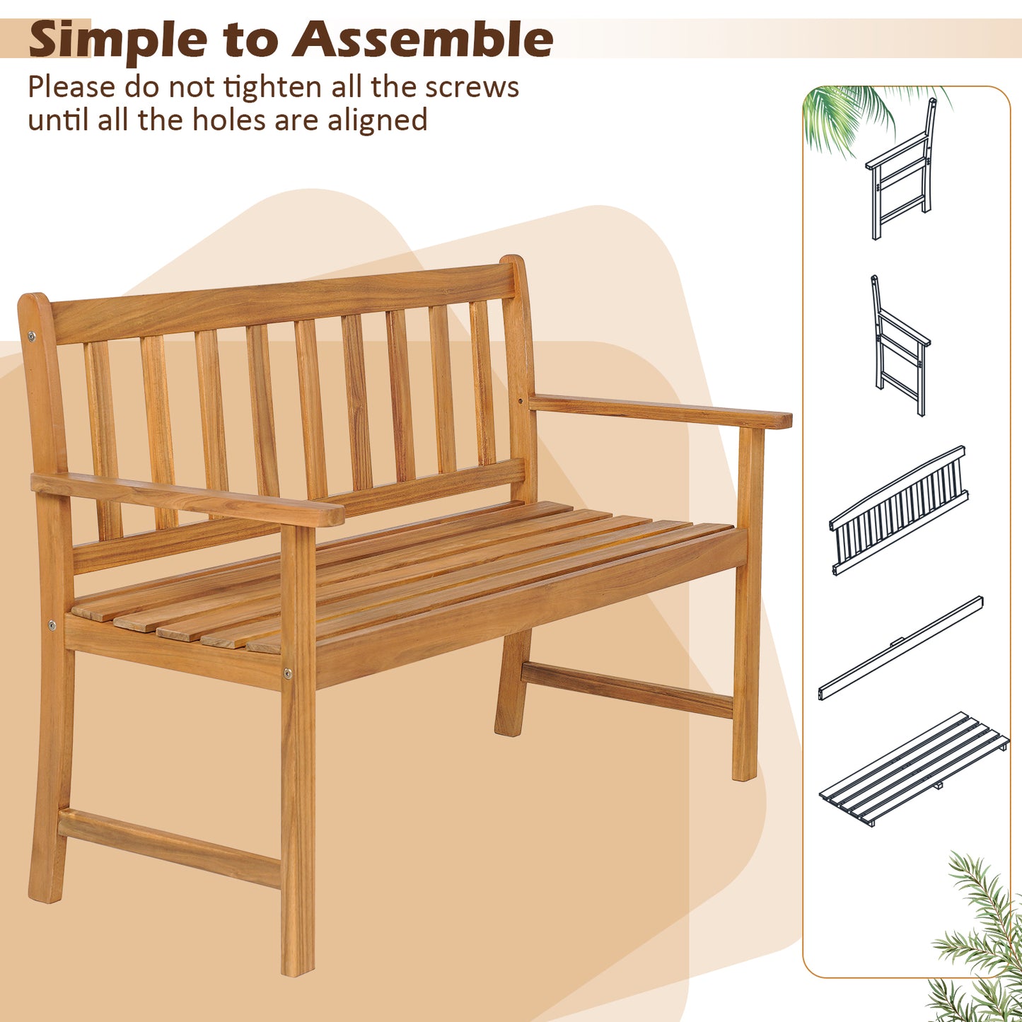 Acacia Wood Outdoor Bench with Backrest for 2 People