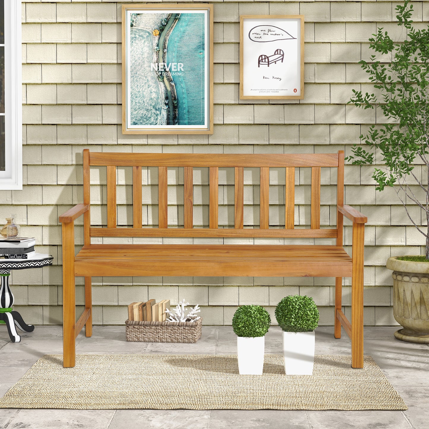Acacia Wood Outdoor Bench with Backrest for 2 People