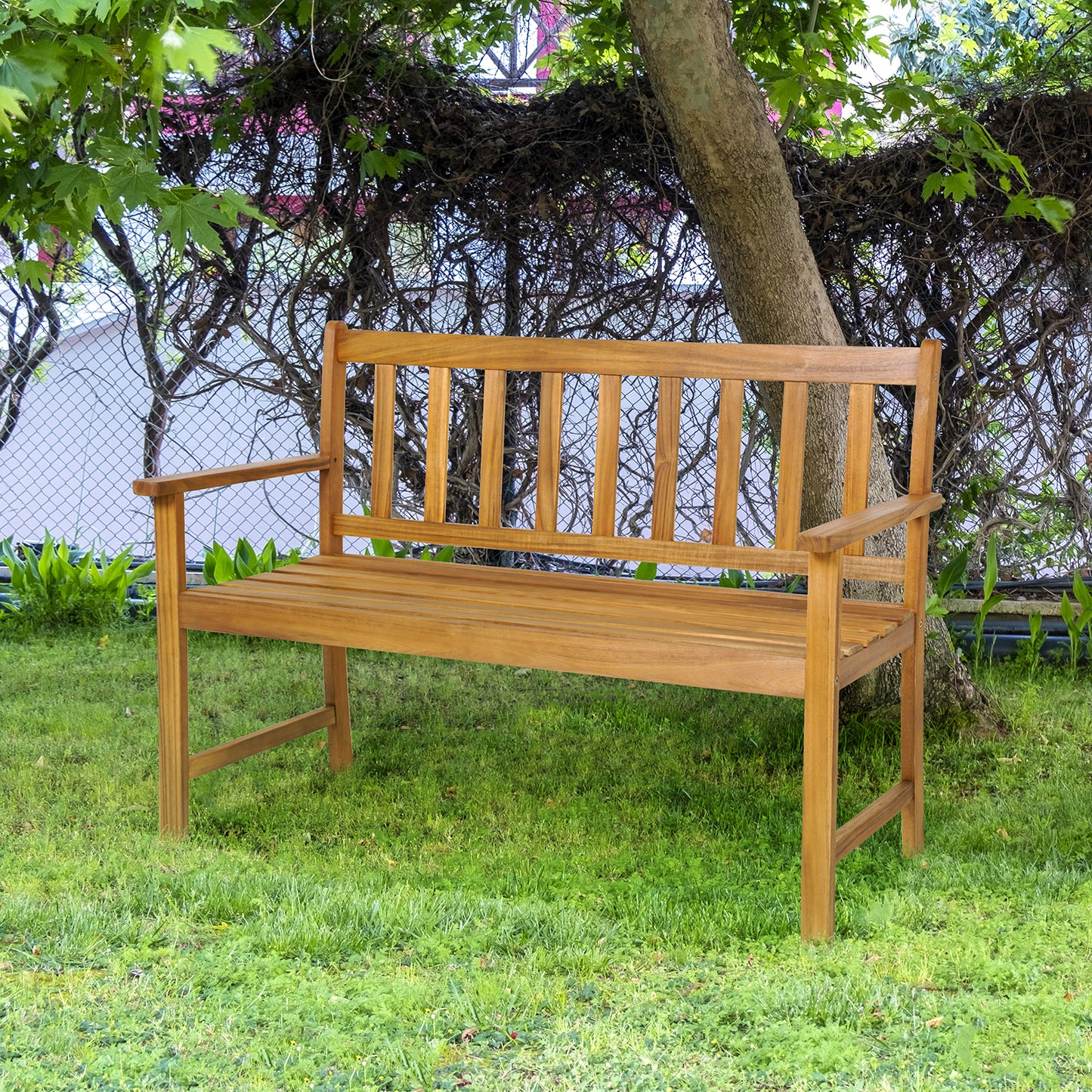 Acacia Wood Outdoor Bench with Backrest for 2 People