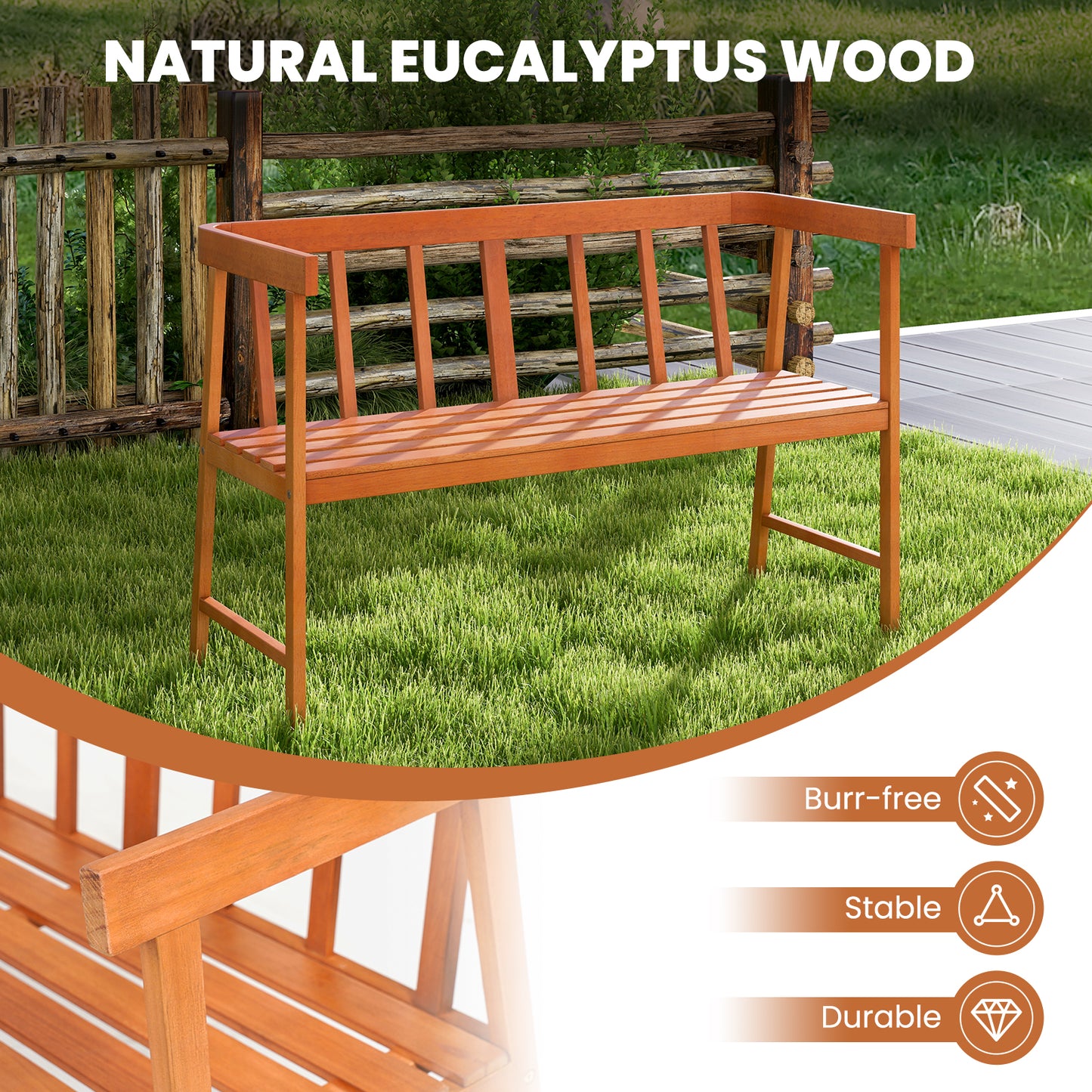Eucalyptus Wood Outdoor Bench with Backrest and Armrests