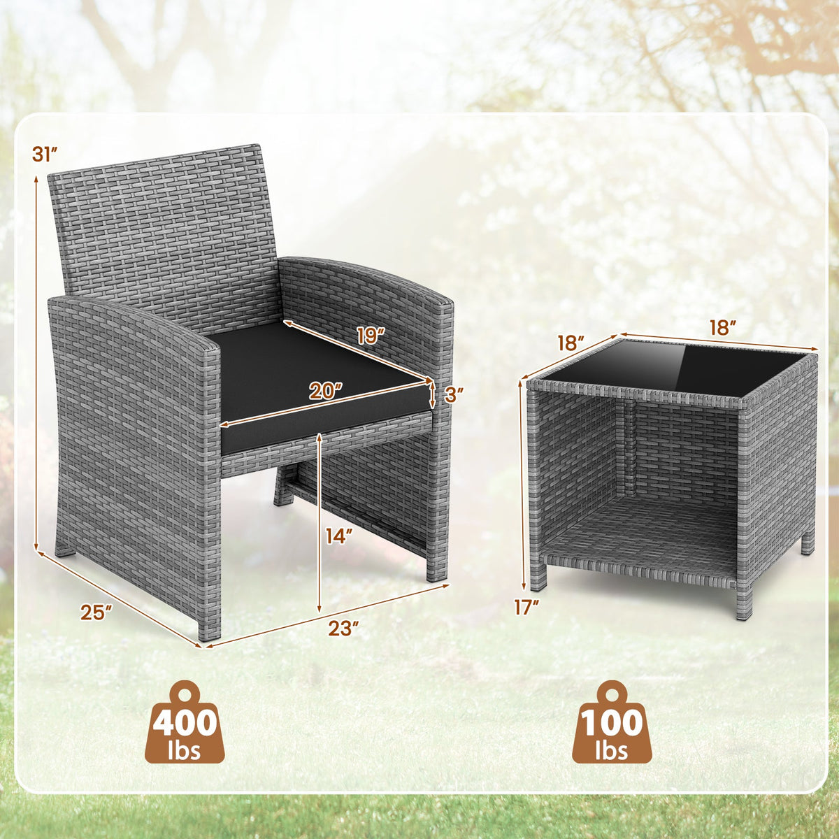 3 Pieces Patio Furniture Set with Tempered Glass Coffee Table and Soft Seat Cushions