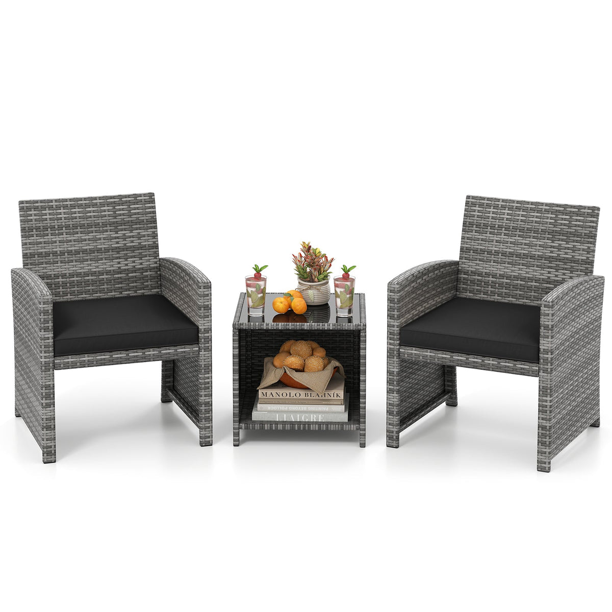 3 Pieces Patio Furniture Set with Tempered Glass Coffee Table and Soft Seat Cushions
