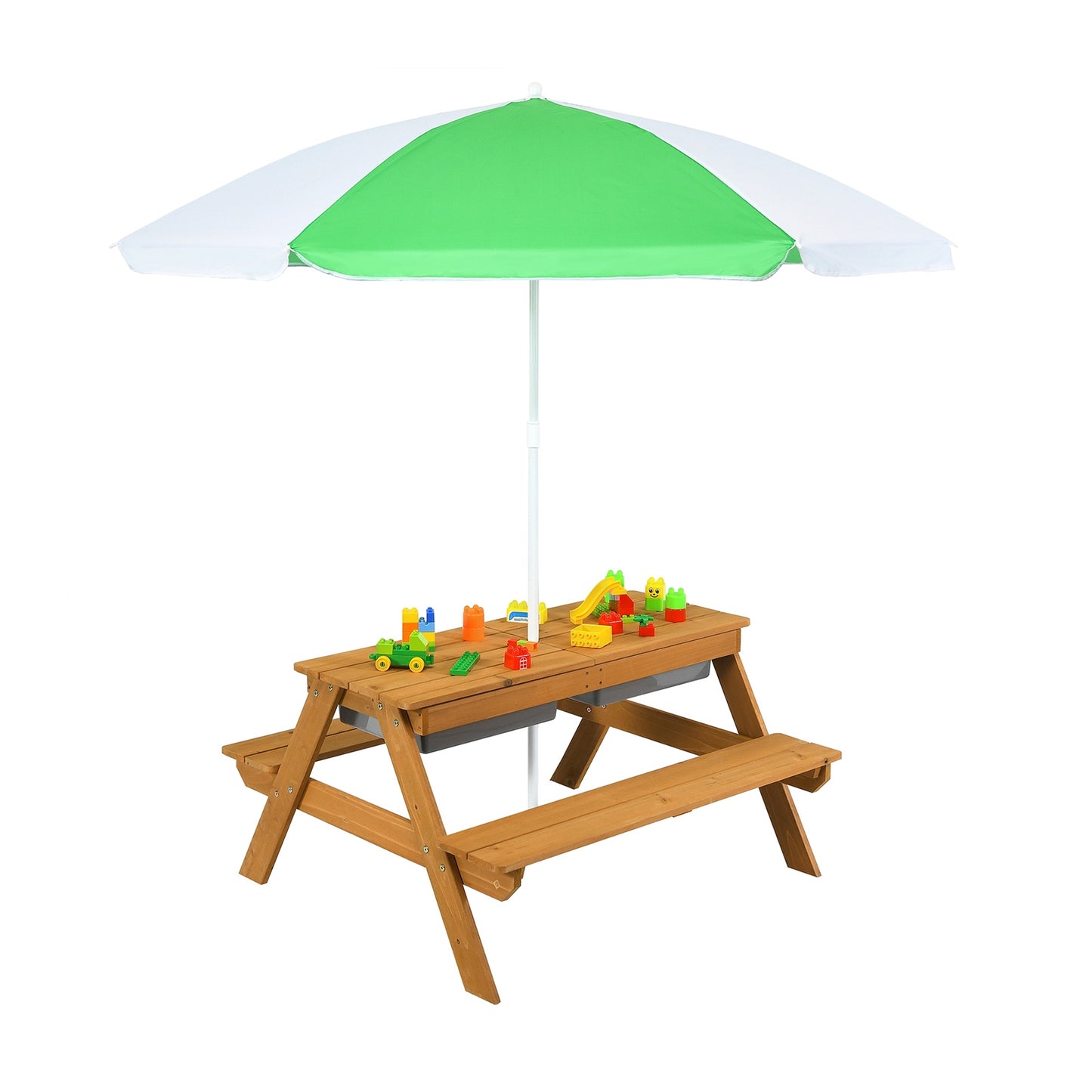 Kids Outdoor Picnic Table with Umbrella and Sand Water Play