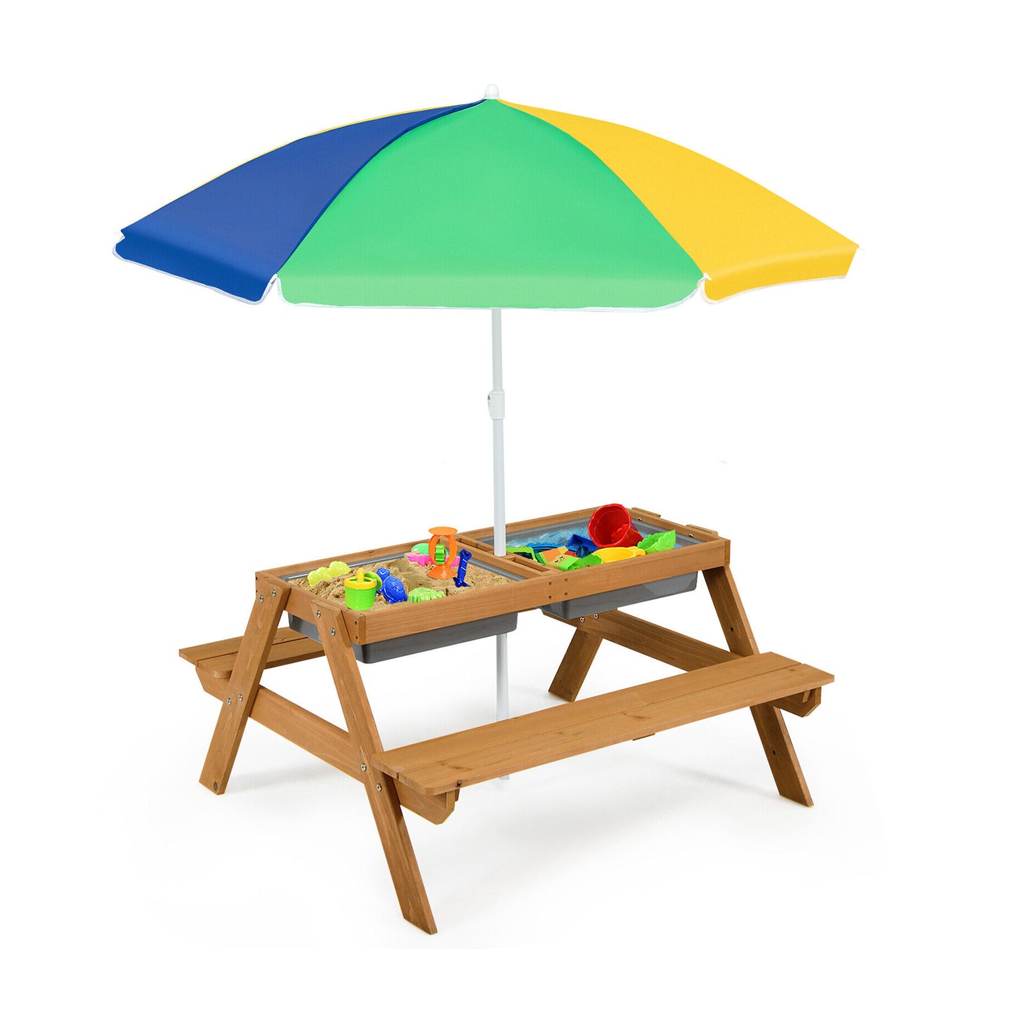 Kids Outdoor Picnic Table with Umbrella and Sand Water Play