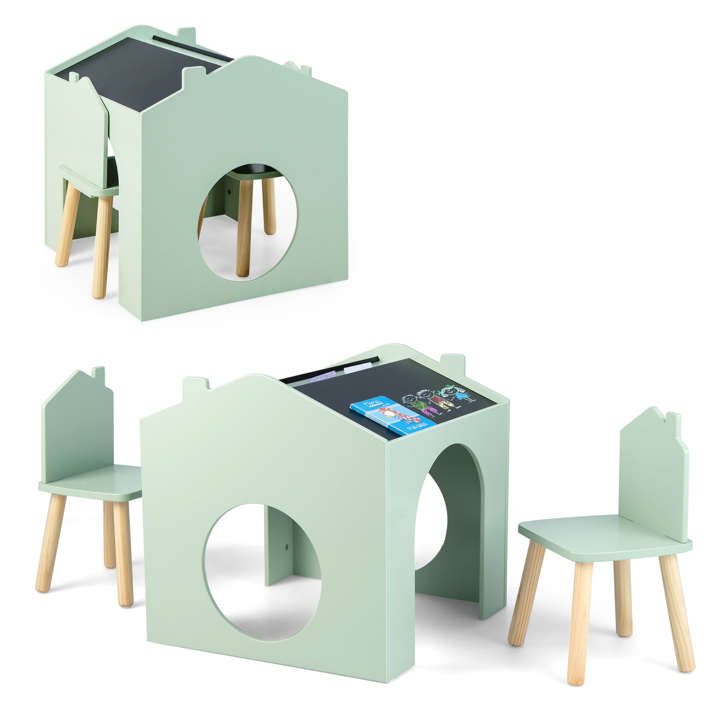Kids Table and Chair Set with Slant Top and Chalkboards